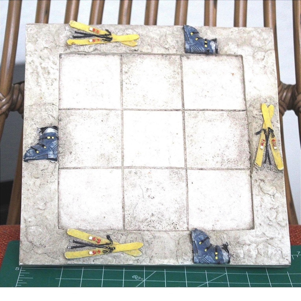 Hen-Feathers Skiing Tic-Tac-Toe Board Rustic Lodge Winter Cabin Decor 6x6